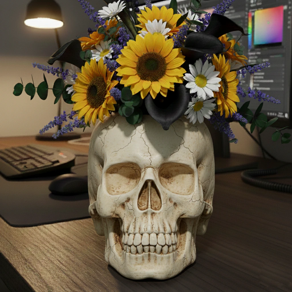 Floral Skull Desk Decor Stationery Holder 3D Print Model .c4d .max .obj .3ds .fbx .stl .blend