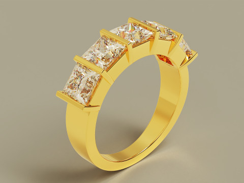 Bar set princess cut diamond 5 stone engagement ring Modèles 3D en vedette