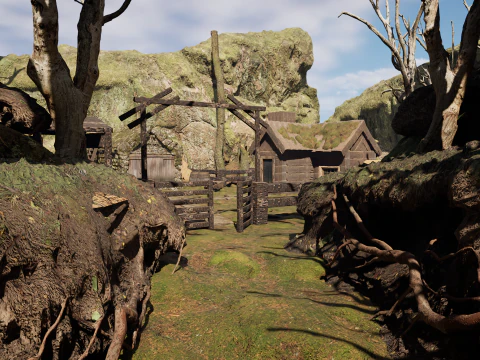 Деревянный фермерский дом и каменный сарай в лесу 3D Модель