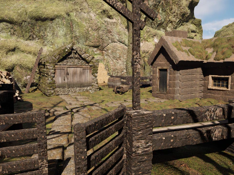 Wooden Farm House and Stone Barn in the Forest 3D Model
