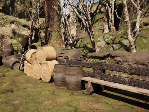Wooden Farm House and Stone Barn in the Forest 3D Model