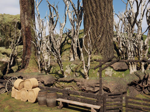 Wooden Farm House and Stone Barn in the Forest 3D Model