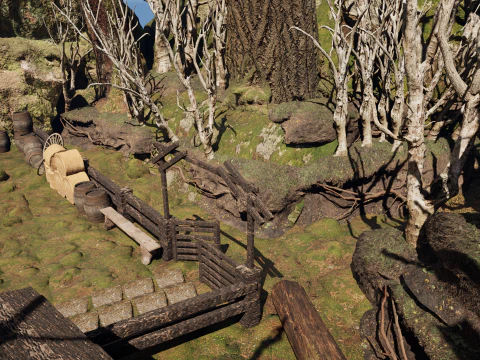 Wooden Farm House and Stone Barn in the Forest 3D Model