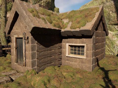 Wooden Farm House and Stone Barn in the Forest 3D Model