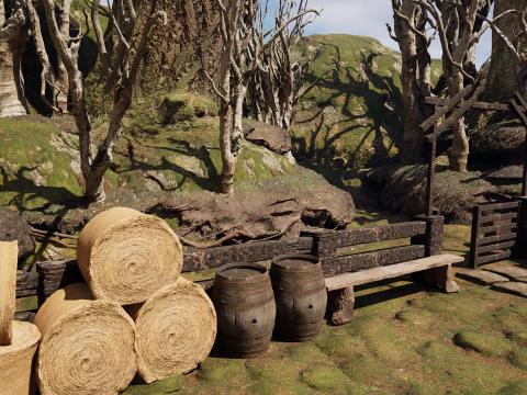 Wooden Farm House and Stone Barn in the Forest 3D Model