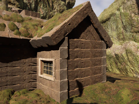 Wooden Farm House and Stone Barn in the Forest 3D Model