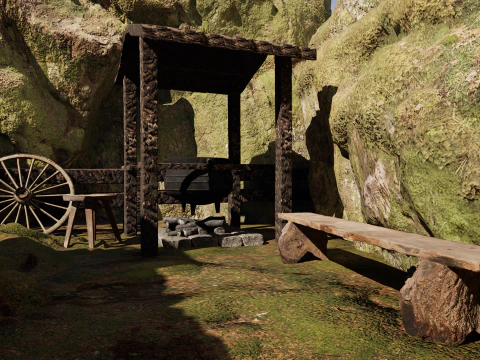 Wooden Farm House and Stone Barn in the Forest 3D Model