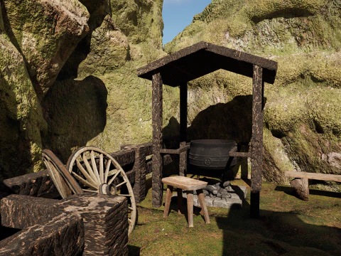 Wooden Farm House and Stone Barn in the Forest 3D Model