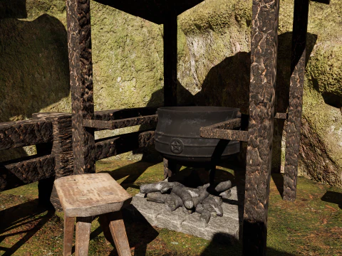 Wooden Farm House and Stone Barn in the Forest 3D Model