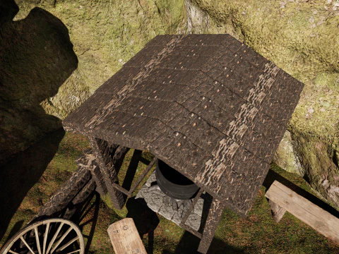 Wooden Farm House and Stone Barn in the Forest 3D Model