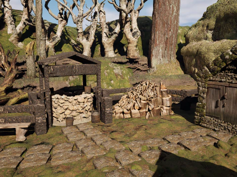 Wooden Farm House and Stone Barn in the Forest 3D Model
