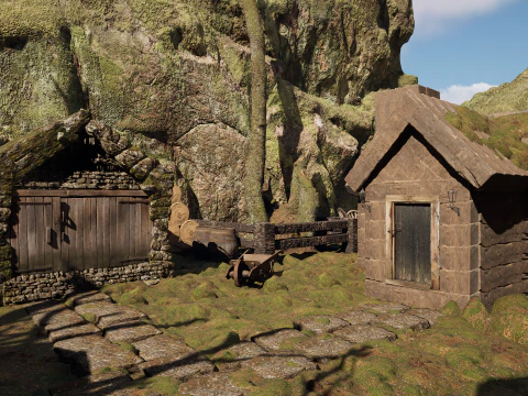 Wooden Farm House and Stone Barn in the Forest 3D Model