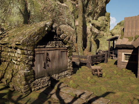 Wooden Farm House and Stone Barn in the Forest 3D Model