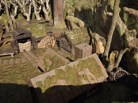 Wooden Farm House and Stone Barn in the Forest 3D Model