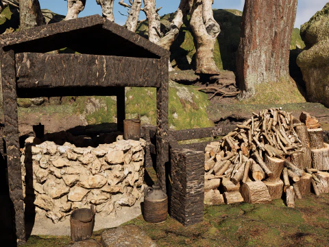 Wooden Farm House and Stone Barn in the Forest 3D Model