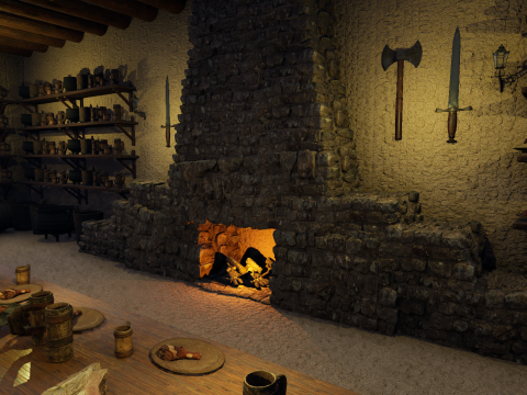 Cozy Medieval Tavern with Stone Fireplace 3D Model