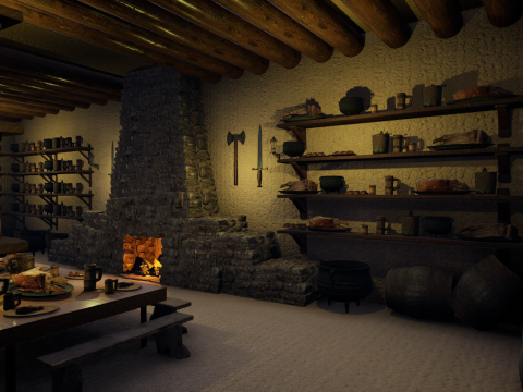 Cozy Medieval Tavern with Stone Fireplace 3D Model