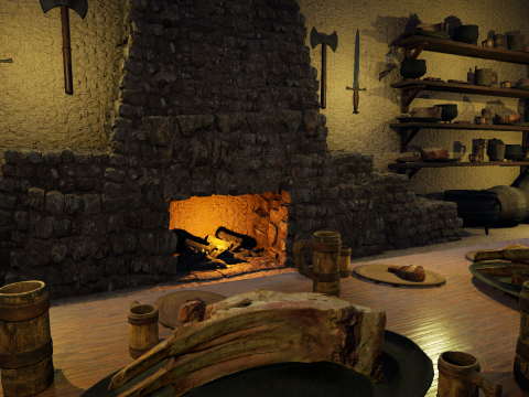 Cozy Medieval Tavern with Stone Fireplace 3D Model