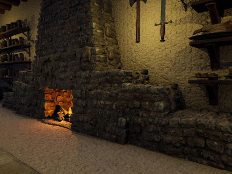 Cozy Medieval Tavern with Stone Fireplace 3D Model