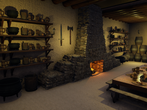 Cozy Medieval Tavern with Stone Fireplace 3D Model