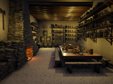 Cozy Medieval Tavern with Stone Fireplace 3D Model