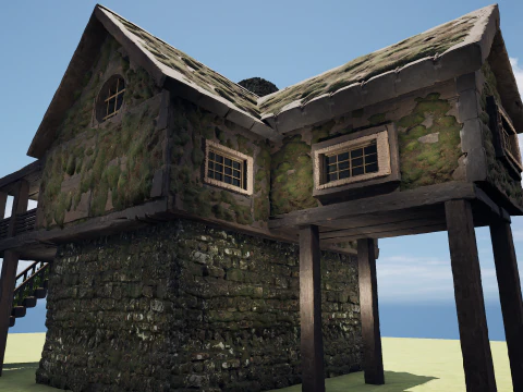 Casa di villaggio medievale a due piani con fienile Modello 3D