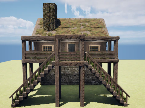 Medieval Two Storey Village House with Barn 3D Model