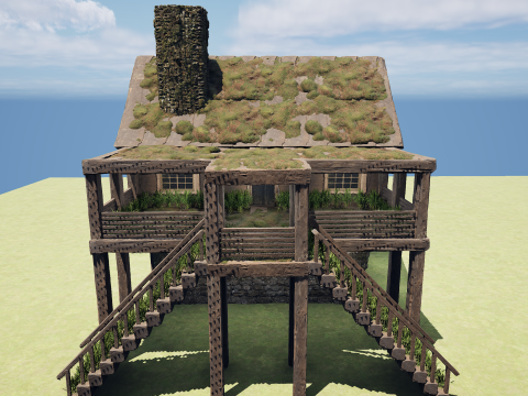 Medieval Two Storey Village House with Barn 3D 모델