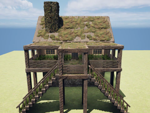 Medieval Two Storey Village House with Barn 3D Model