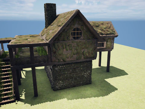 Medieval Two Storey Village House with Barn 3D Model