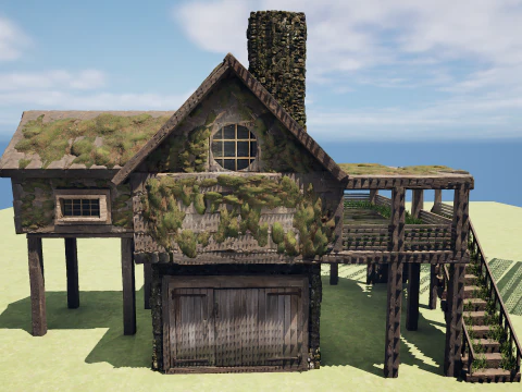 Medieval Two Storey Village House with Barn 3D Model