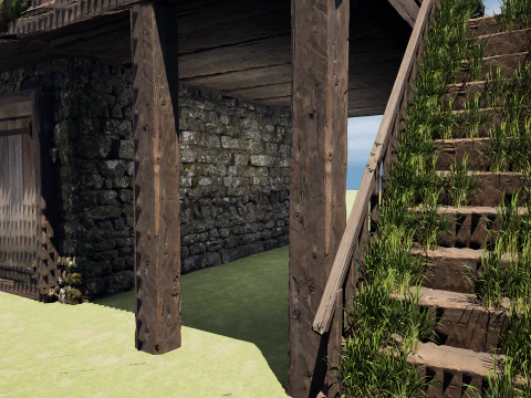 Medieval Two Storey Village House with Barn 3D Model