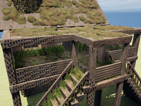 Medieval Two Storey Village House with Barn 3D Model