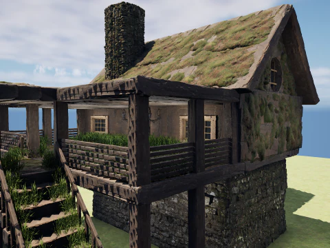 Medieval Two Storey Village House with Barn 3D Model