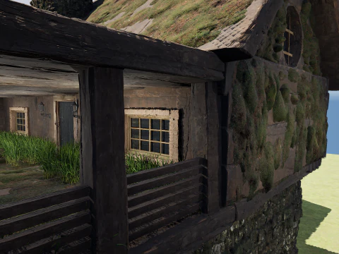 Medieval Two Storey Village House with Barn 3D Model