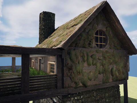 Medieval Two Storey Village House with Barn 3D Model