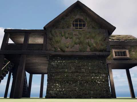 Medieval Two Storey Village House with Barn 3D Model