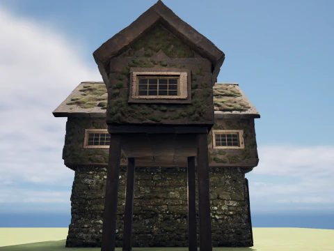 Medieval Two Storey Village House with Barn 3D Model