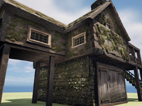 Medieval Two Storey Village House with Barn 3D Model