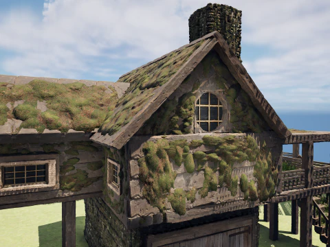 Medieval Two Storey Village House with Barn 3D Model