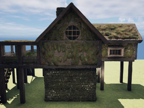 Medieval Two Storey Village House with Barn 3D Model