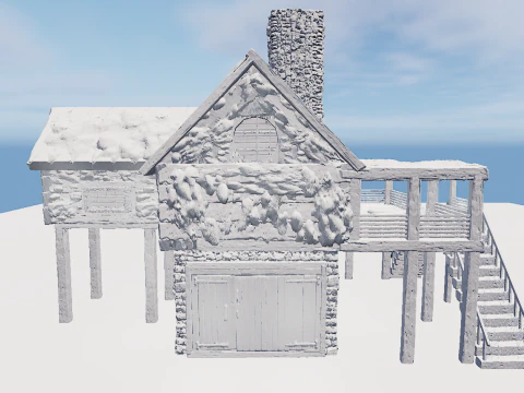 Medieval Two Storey Village House with Barn 3D Model