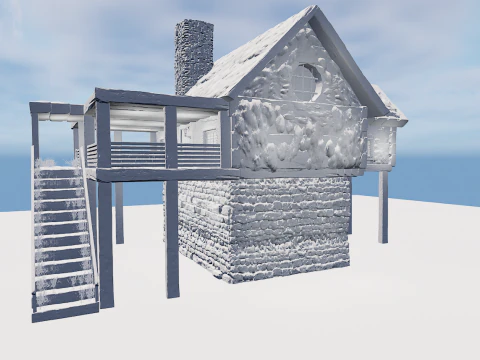 Medieval Two Storey Village House with Barn 3D Model