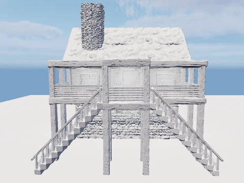 Medieval Two Storey Village House with Barn 3D Model