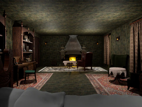 Cozy Bedroom with Fireplace 3D Model