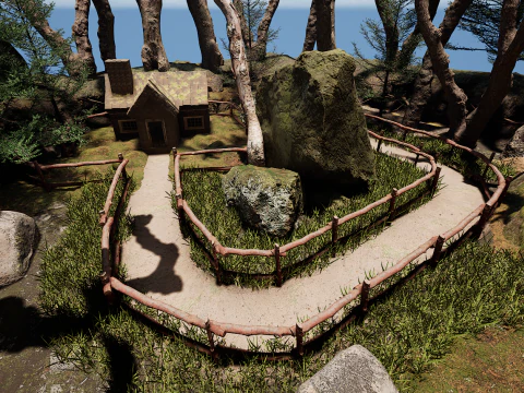 Casa de madeira e caminho em uma floresta nórdica de fantasia Modelo 3D