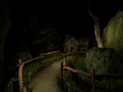 Wooden House and Path in a Fantasy Nordic Forest 3D Model