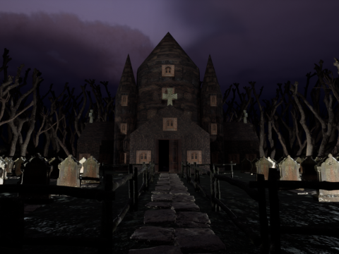 Haunted Church and Graveyard in a Dark Forest 3D मॉडल