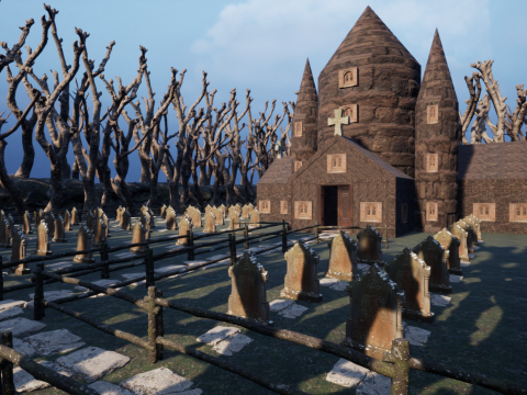 Haunted Church and Graveyard in a Dark Forest 3D Model