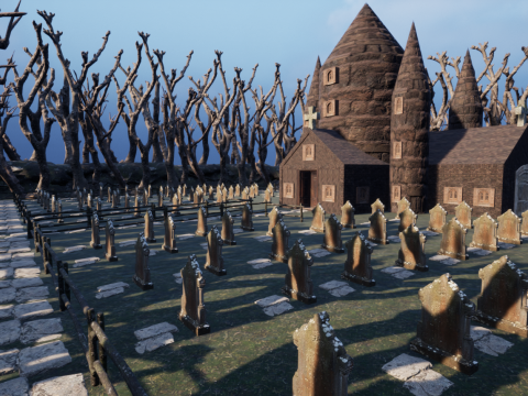 Haunted Church and Graveyard in a Dark Forest 3D Model